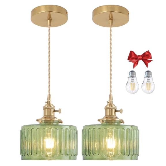 Green Striped Glass Pendant Light, 2 Natural Light Bulbs Included, Adjustable Cord with Switch, Suitable for Kitchen Island/Dining Room