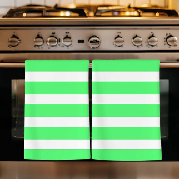 Green Striped Kitchen Towels Set of 2, Modern Simple Monochrome Geometric White Absorbent Dish Towels for Kitchen, Microfiber Hand Towel, Quick Drying Tea Towel for Cleaning Decorative Dishcloths