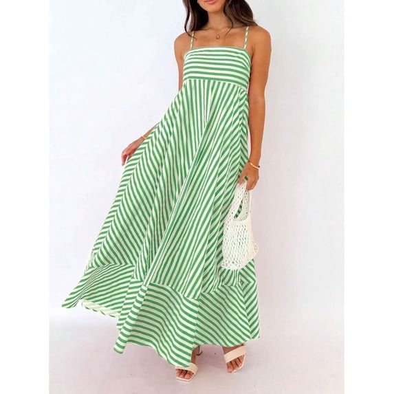 Green Striped Maxi Dress Square Neck Spaghetti Strap Sleeveless A-Line Sundress Summer Casual Beach Vacation