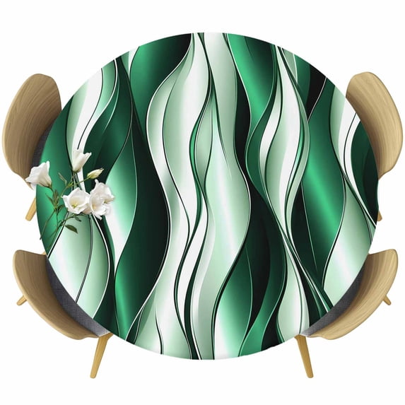 Green Striped Ombre Round Tablecloth, Fitted Table Cover with Elastic for 55"-60" Round Tables, Modern Green Moire Geometric Table Cloth Outdoor Indoor Dinning Party Waterproof Tablecloths