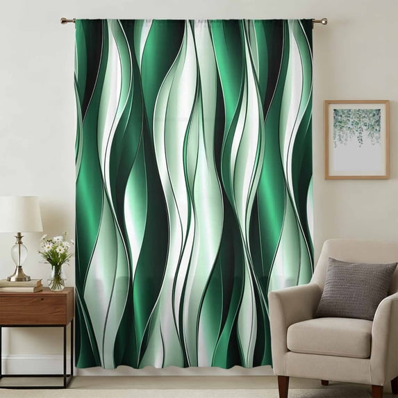 Green Striped Ombre Sheer Curtains 96 Inches Long, Modern Green Moire Geometric Light Filering Curtains, Privacy Drapes Simi Floor to Veiling Curtain for Living Room Bedroom Large Window Treatment