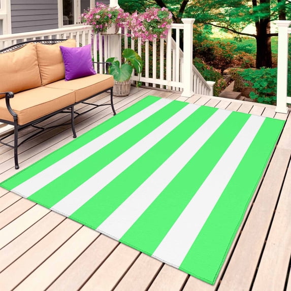 Green Striped Outdoor Rug 6x9 Ft, Non Slip Washable Area Rug, Modern Simple Monochrome Geometric White Patio Rugs Carpet Runner, Large Floor Mat for Indoor/Outdoor Deck Porch Camping