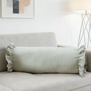 Green Striped Ruffle Bolster Pillow, Decorative Cylinder Pillow with Ruffled Edges, Soft Cylindrical Neck Roll Support Pillow for Bed Sofa Sleeping and Relaxing