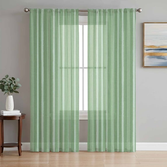 Green Striped Sheer Curtains 84 Inches Long, Farmhouse Stripes Modern Vintage Light Filtering Window Curtains for Living Room/Bedroom, Rod Pocket Voile Sheer Curtain Drapes, 52"W x 84"L, 2 Panels