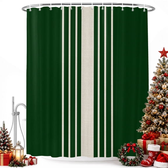 Green Striped Shower Curtain for Bathroom, Classic Rustic Cream Hunter Green Stripes Farmhouse Waterproof Cloth Fabric Bathroom Accessories Set with 12 Rust Proof Plastic Hooks, 72"x78"