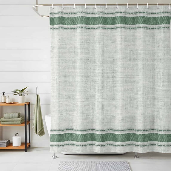 Green Striped Shower Curtains for Bathroom, Vintage Neutral Horizontal Stripes Art Waterproof Fabric Shower Curtain, Decorative Bathroom Curtain for Bathtub, 36"x72", No Hooks Included