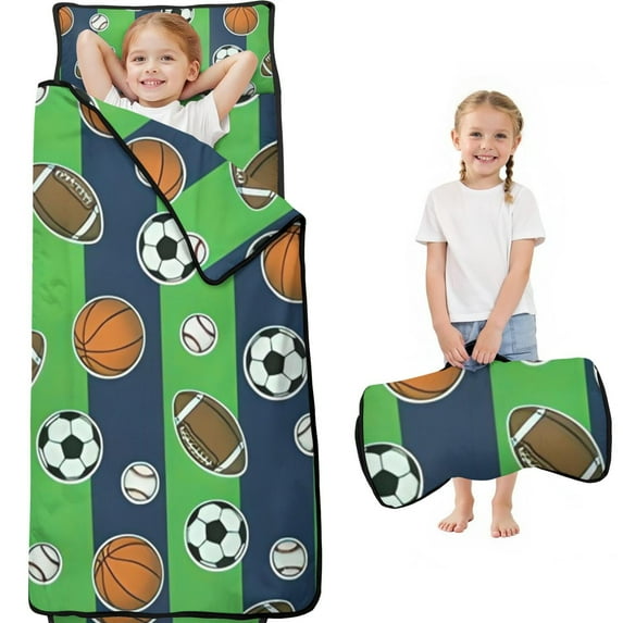 Green Striped Sports Balls Pattern Toddler Nap Mats for Kids Preschool,Sleeping Mat Bag or Kids,Toddler Sleeping Bag,Toddler Nap Mat or Daycare