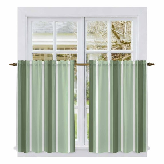 Green Striped Tier Curtains 54 Inch Length, Geometric Modern Vertical Lines Abstract Cafe Short Curtains for Bathroom Over Sink, Small Kitchen Curtain Light Filtering Drapes 2 Panels 27.5"Wx54"L