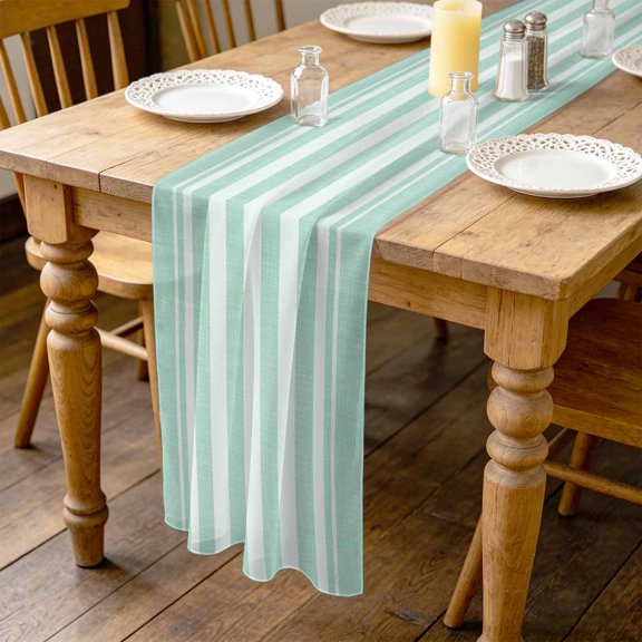 Green Stripes 4.5ft Cheesecloth Table Runner for Wedding 19"x55", Solid Mint Green Linen Texture Botanical Rustic Kitchen Dinner Sheer Tulle Chiffon Dresser Scarf, Holiday Party Decorations