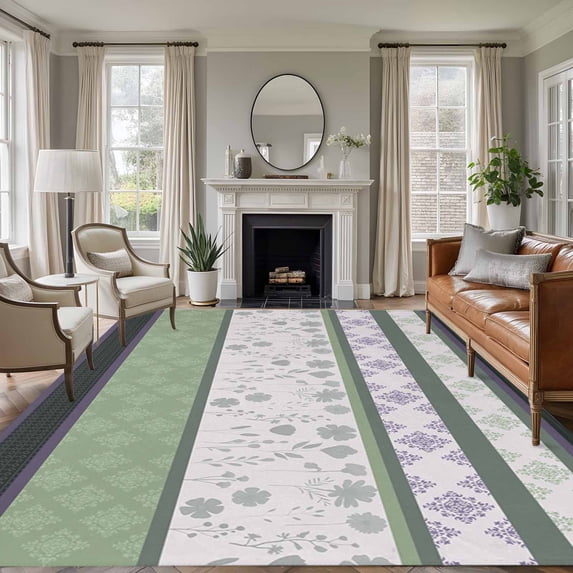 Green Stripes Abstract Area Rugs 5'x7', Washable Small Throw Rugs for Laundry Room Playroom, Geometric Spring Flowers Rustic Indoor Outdoor Rug Non-Slip Low Pile Carpet Runner Reversible Floor Mats
