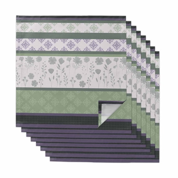 Green Stripes Abstract Cloth Napkins, Geometric Spring Flowers Rustic Washable and Reusable Dinner Napkins Set of 8, Table Napkin for Kitchen Party Birthday Wedding Hotel Housewarming 20"x20"