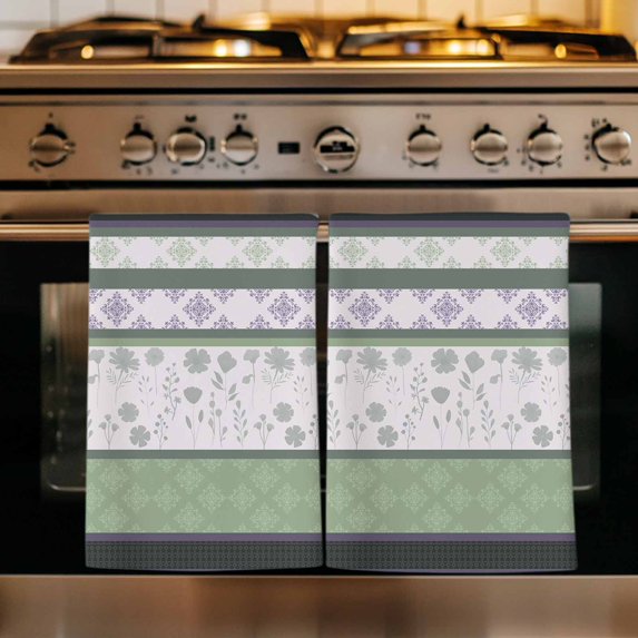 Green Stripes Abstract Kitchen Towels Set of 1, Geometric Spring Flowers Rustic Absorbent Dish Towels for Kitchen, Microfiber Hand Towel, Quick Drying Tea Towel for Cleaning Decorative Dishcloths