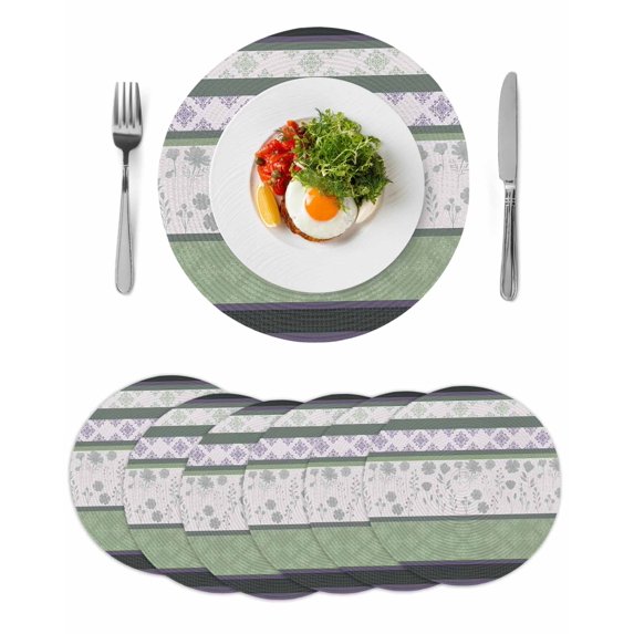 Green Stripes Abstract Round 13 Inch Placemats Set of 6, Geometric Spring Flowers Rustic HeatResistant Non Slip Place Mats for Dining Table, Wipeable Braided Kitchen Table Mats for Housewarming