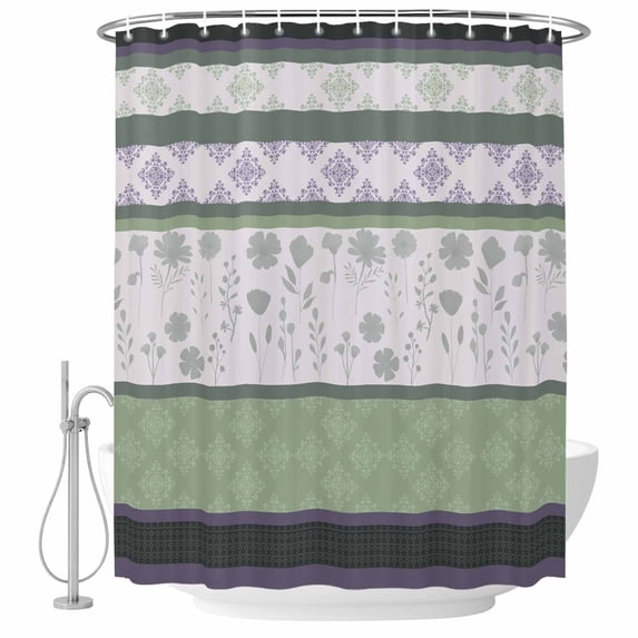Green Stripes Abstract Shower Curtain, Waterproof Shower Curtains for Bathroom, Geometric Spring Flowers Rustic Washable Fabric Bathtub Curtain Set Bath Decor with 12 Hooks Stall 36"x72"