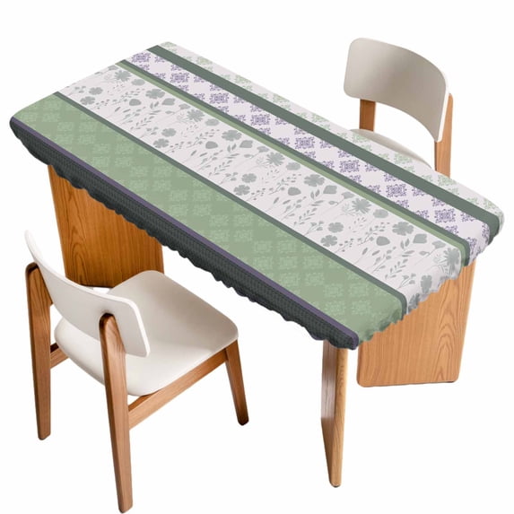 Green Stripes Abstract Table Cloths for 6 Foot Rectangle Tables, Geometric Spring Flowers Rustic Patio Waterproof Elastic Fitted Tablecloths, Washable Rectangular Table Cover for Camping