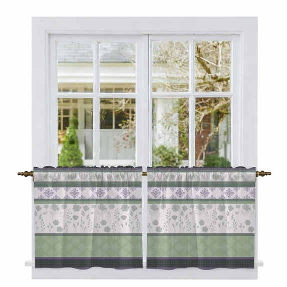 Green Stripes Abstract Tier Curtains 24 Inch Length, Geometric Spring Flowers Rustic Cafe Short Curtains for Bathroom Over Sink, Small Kitchen Curtain Light Filtering Drapes 2 Panels 27.5"Wx24"L