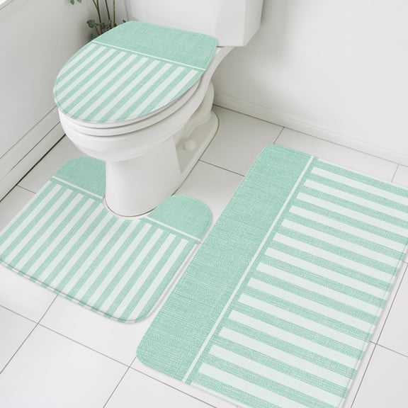 Green Stripes Bathroom Rugs Set Solid Mint Green Linen Texture Botanical Rustic Non Slip Absorbent Soft Bath Mats 3 Piece Set with Bathroom Rug, U-Shaped Floor Mat, Toilet Seat Cover Large Size
