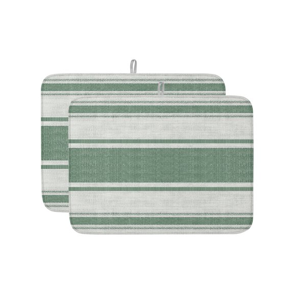 Green Stripes Dish Drying Mat 18x24 inch Turquoise Beige Center Band Linen Texture Rustic Super Absorbent Microfiber Dish Drying Pad for Kitchen Countertops Sink Dish Drainer Racks 2 Pack
