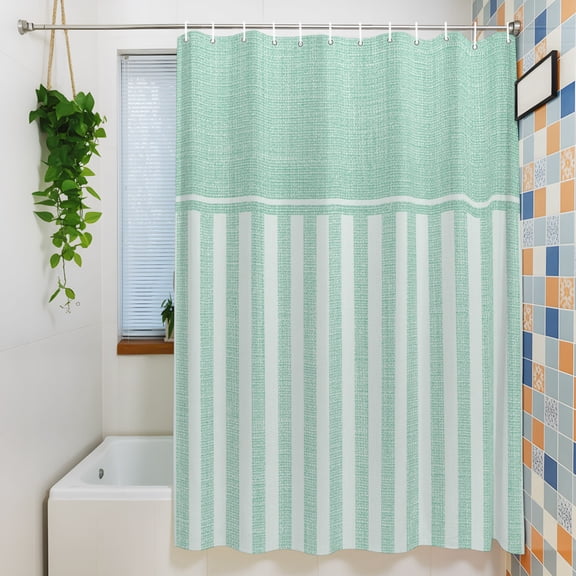 Green Stripes Shower Curtain for Bathroom Decor, Solid Mint Green Linen Texture Botanical Rustic Waterproof Fabric Shower Curtain, 36"x72" Set with 12 Hooks