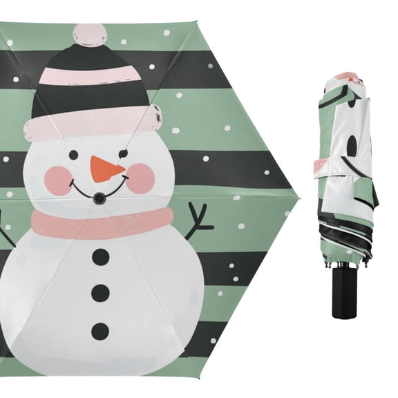 Green Stripes Snowman Wear Hat All Weather Umbrella Triple Folding Parasol 6 Ribs UV Protection Portable
