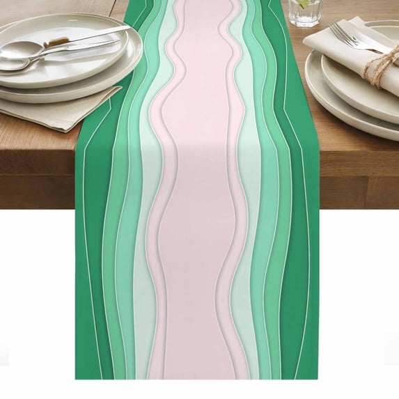 Green Stripes Table Runner - 108 Inch Long, Kitchen Dining Table Runner Dresser Scarves, Light Pink Ombre Simple Abstract Lines Farmhouse Decor for Coffee Tables Wedding Party Banquet