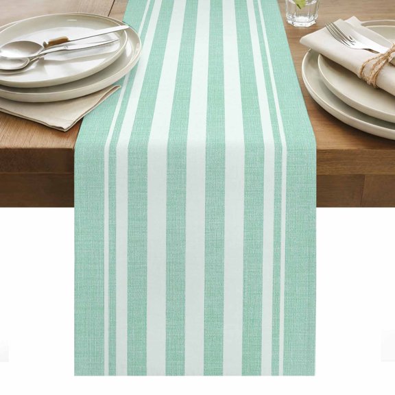 Green Stripes Table Runner 13x36 Inch Solid Mint Green Linen Texture Botanical Rustic Cotton Linen Dining Table Runner Ideal for Dresser Kitchen Coffee Tables - Machine Washable