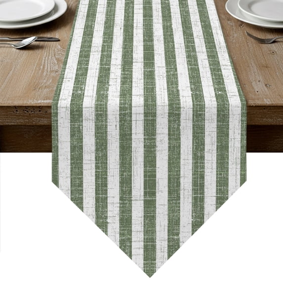 Green Stripes Table Runner Linen Burlap Table Runner 72 Inches Long Farmhouse Striped Geometric Vintage Dresser Scarves for Kitchen Island Coffee Dining Room Party Wedding Holiday Decor 18"x72"