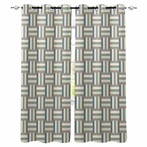 Green Stripes Texture Blackout Curtains for Bedroom Living Room Darkening Curtains 54 Inch Long Retro Minimalist Geometric Lines Art Short Curtain for Small Window Treatment Grommet Drapes 42"x54"x2