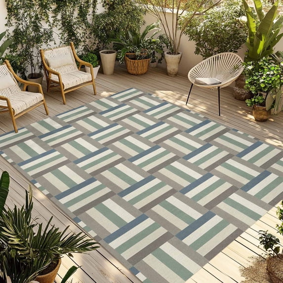 Green Stripes Texture Outdoor Rug for Patio/Deck/Porch, Non-Slip Large Area Rug 6 x 9 Ft, Retro Minimalist Geometric Lines Art Indoor Outdoor Rugs Washable Area Rugs, Camping Rug Carpet Runner