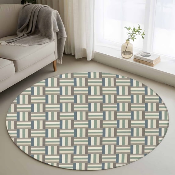 Green Stripes Texture Round Area Rug 4Ft Washable Circle Rugs for Bedroom Dining Room, Retro Minimalist Geometric Lines Art Non-Slip Carpet Floor Mats Indoor Outdoor Carpet Runner Home Decor