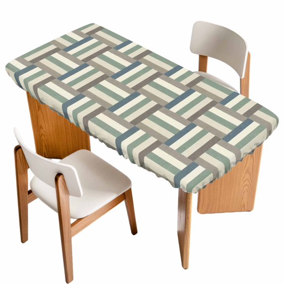 Green Stripes Texture Table Cloths for 6 Foot Rectangle Tables, Retro Minimalist Geometric Lines Art Patio Waterproof Elastic Fitted Tablecloths, Washable Rectangular Table Cover for Camping