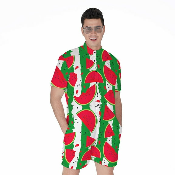Green Stripes Watermelon Pattern Short Sleeve Men'S Rompers Casual Summer Jumpsuits Outfit