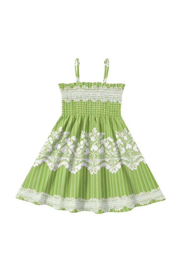 Green Stripes with Lace Border Girl's Adjustable Cami Dress Casual Sundress Smocked Ruffle A-Line 4T