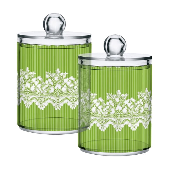 Green Stripes with Lace Border Translucent Plastic Cans Storage Canisters with Lid Set of 2