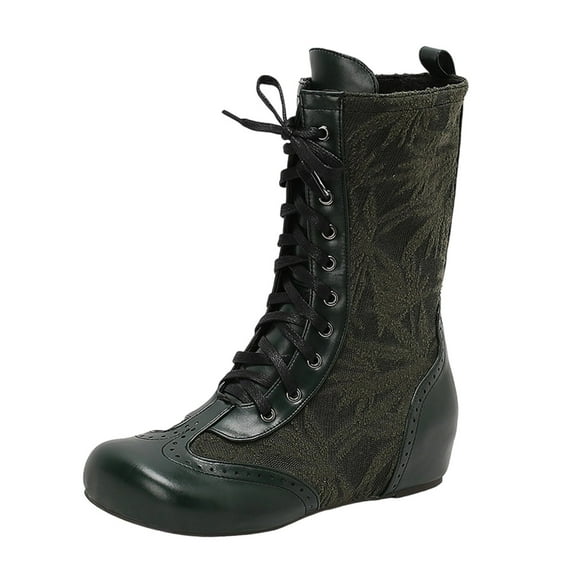Green Stylish Mid Calf Boots For Women With Round Toe And Lace-Up Design Flat Sole For Various Occasions