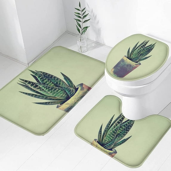 Green Succulent Bath Rug Sets Sets 3 Piece Summer Aloe Leaves Potted Plant Bath Mat Soft Non Slip Water Absorbent U-Shaped Contour Toilet Mat, Toilet Lid Cover