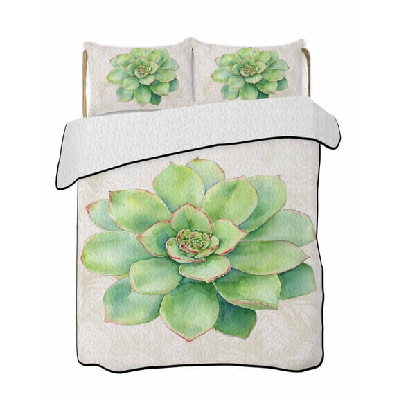 Green Succulent Quilts Bedding Set Full Size Green Leaves Plants Abstract Art Lightweight Quilted Bedspread 3 Piece Bed Quilt with 2 Pillow Shams All Season for Bedroom 68" x 98"