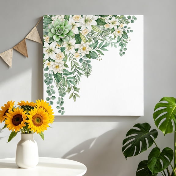 Green Succulents Canvas Wall Art, Botanical White Lilies Floral Green Leaf Stems Pictures Wall Decor Wooden Framed Artwork Art Prints for Living Room Hallway Bedroom Office 8"x8"