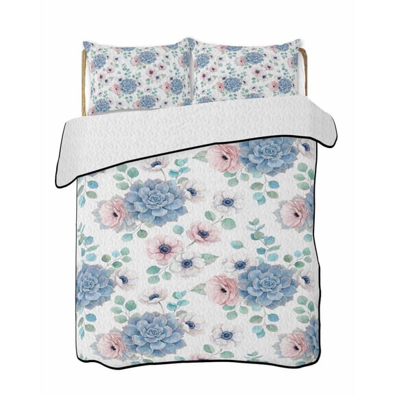 Green Succulents Quilts Bedding Set California King Eucalyptus Leaf White Floral Farmhouse Country Lightweight Quilted Bedspread 3 Piece Bed Quilt with 2 Pillow Shams for Bedroom 96" x 106"