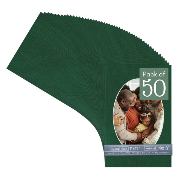 Green Suede Picture Frame Mat for 11x17 Frames - Oval Opening for 9x13 Photos - 50 Mats
