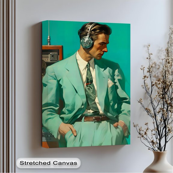 Green Suit Man Print Midcentury Music Decor With Gold Home Decor Office Wall Art Living Room Decor, Paper Poster Only