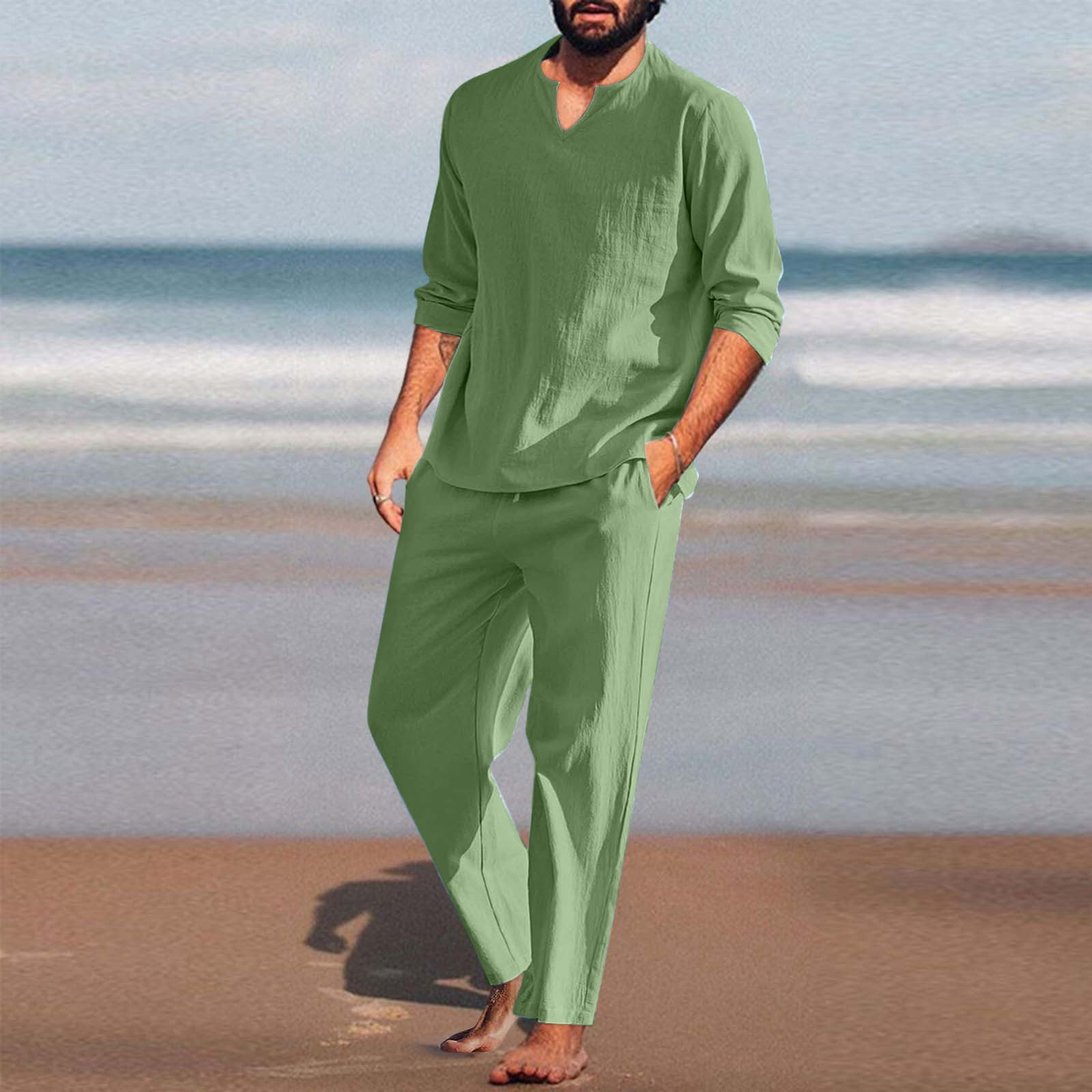 Green Suits Men Pieces Cotton Linen Set Henley Shirt Long Sleeve And ...