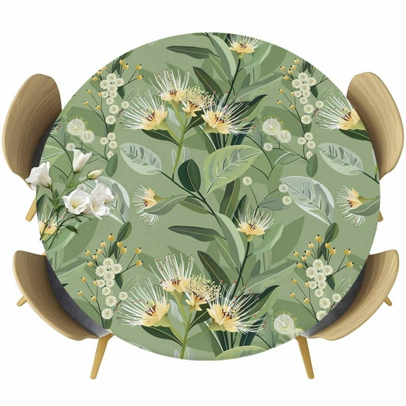 Green Summer Botanical Fitted Tablecloth with Elastic Edged, Round Table Cloth for Dining Table, Yellow Spring Floral Waterproof Oil Proof Table Cover for Indoor Outdoor 45"-54"