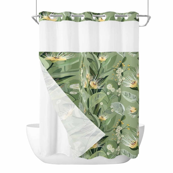 Green Summer Botanical No Hook Shower Curtain Waterproof, Bathroom Curtains with Snap in Liners and See Through Top Window, Yellow Spring Floral Hotel Style Bathtub Curtains Shower 72"Wx84"L