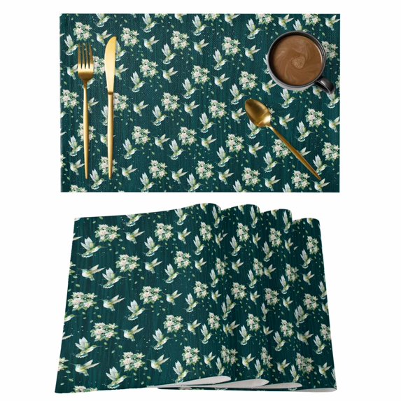 Green Summer Botanical Placemats Set of 12, Spring Floral Birds Farmhouse Placemats for Dining Table, Place Mats for Kitchen Tabletop, Waterproof Wipeable Dining Table Mats Set