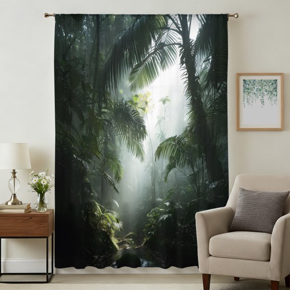 Green Summer Botanical Sheer Curtains 45 Inches Long for Bedroom, Tropical Trees Watercolor Light Filtering Privacy Drapes, Breathable Semi Sheer Short Window Treatment for Kitchen Cafe Bathroom