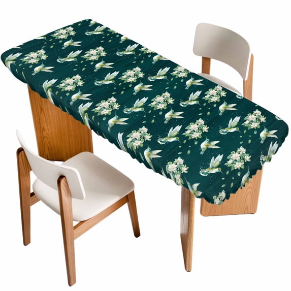 Green Summer Botanical Table Cloths for 8 Foot Rectangle Tables, Spring Floral Birds Farmhouse Patio Waterproof Elastic Fitted Tablecloths, Washable Rectangular Table Cover for Camping