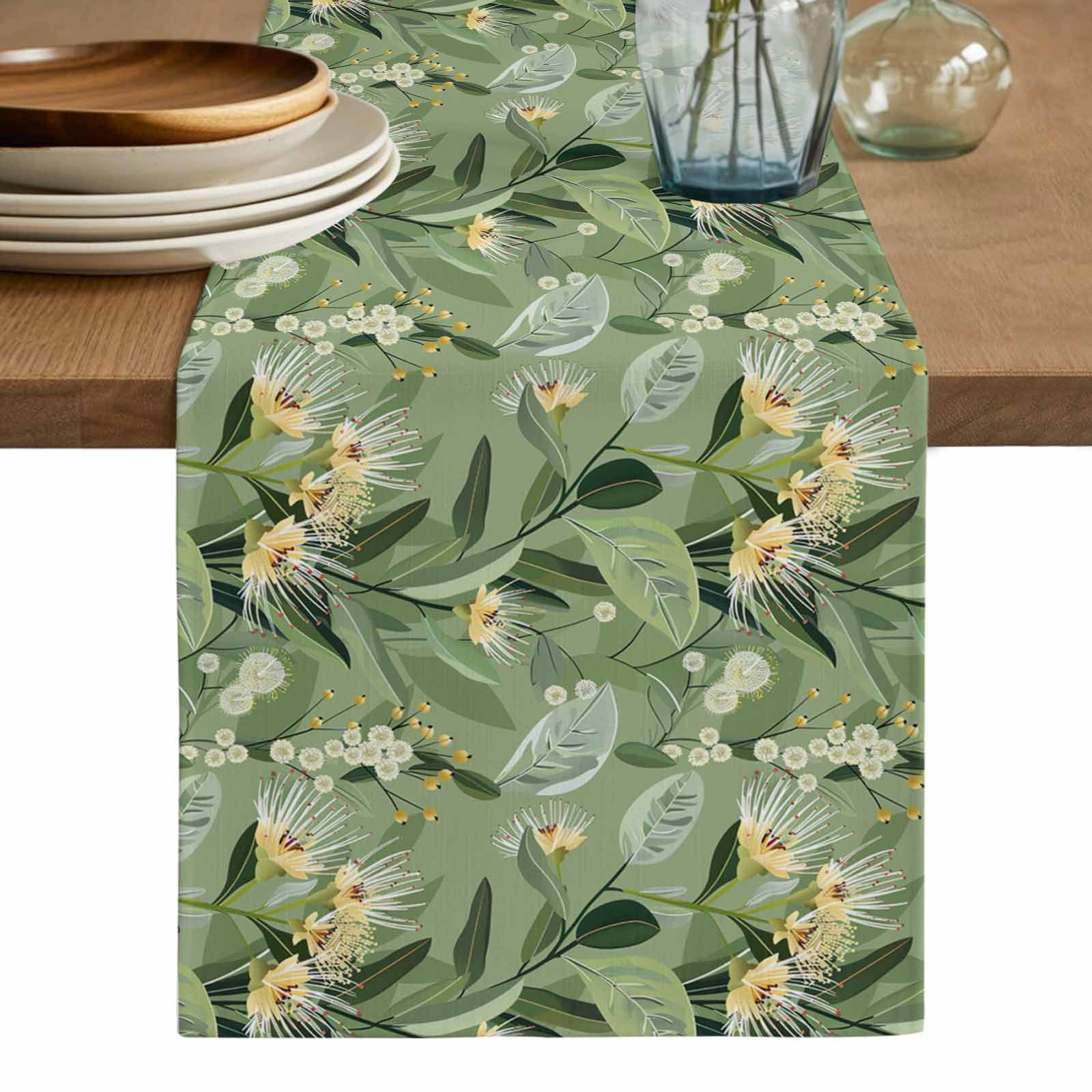 June Table Runner Green Summer Botanical Table Runner, Yellow Spring Floral Washable ...