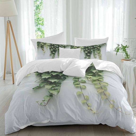 Green Summer Plants Queen Size Comforter Set, Ombre Green Leaves Pastoral Botanical Bedding for All Seasons, 4 Pcs Bed Set, 1Quiltcover (90"x92") ,1Sheet(94"x116"), 2Pillowcases (30"x20")