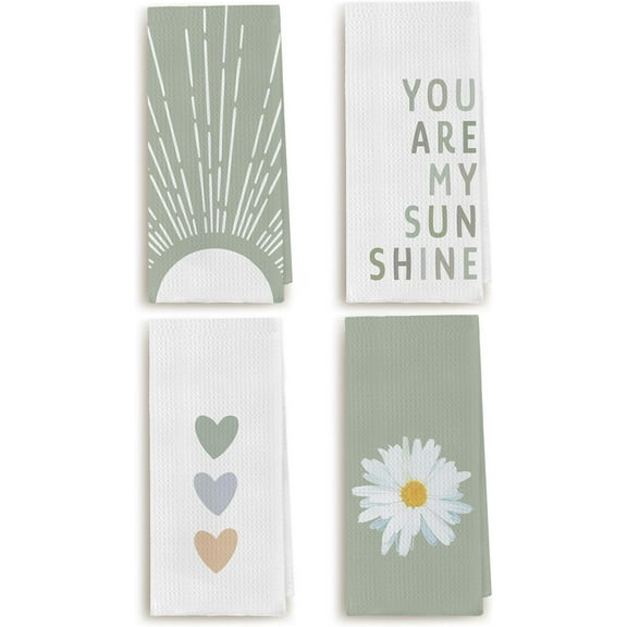 Green Sun Line Abstract Art Absorbent Kitchen Towels Dish Towels 18×26 Inches, You are My Sun Shine Heart Love Daisy Decorative Hand Tea Towel for Kitchen Home Cooking Baking Cleaning, Set of 4